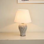 Artisan Ceramic Table Lamp with Patterned Vase Base and Beige Linen Shade