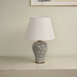 Artisan Ceramic Table Lamp with Patterned Vase Base and Beige Linen Shade