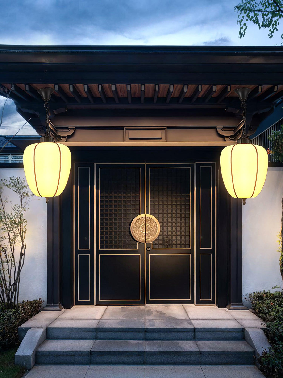 Peaches Outdoor Pendant Light – Alabaster & Metal LED Lantern