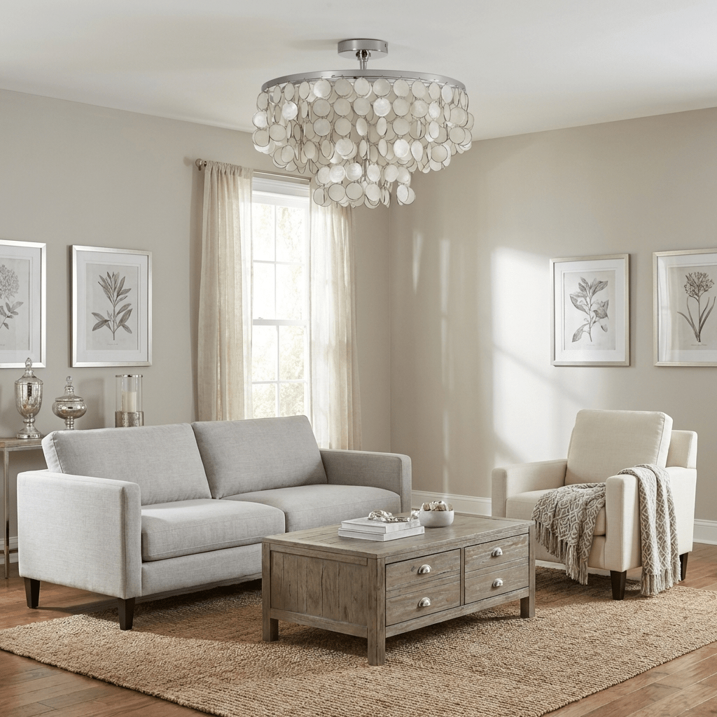Pearl Shell Semi Flush Mount Ceiling Light, Layered Natural Shell Discs, Chrome Finish, 23.6"