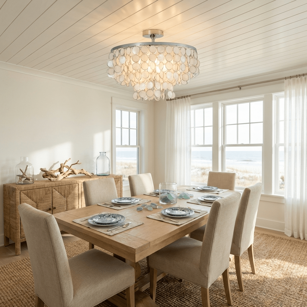Pearl Shell Semi Flush Mount Ceiling Light, Layered Natural Shell Discs, Chrome Finish, 23.6"