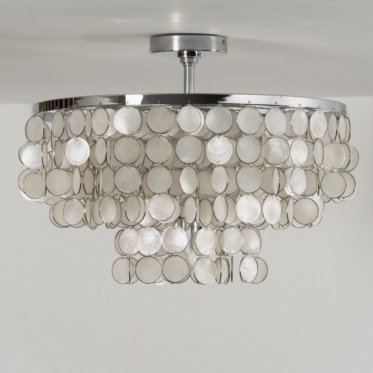 Pearl Shell Semi Flush Mount Ceiling Light, Layered Natural Shell Discs, Chrome Finish, 23.6"