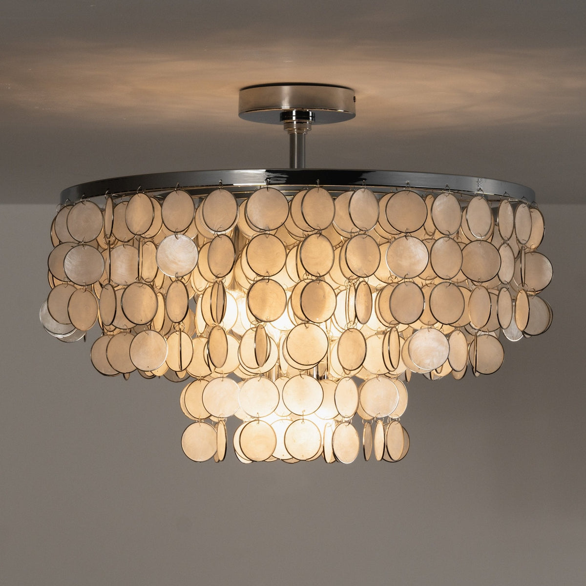 Pearl Shell Semi Flush Mount Ceiling Light, Layered Natural Shell Discs, Chrome Finish, 23.6"