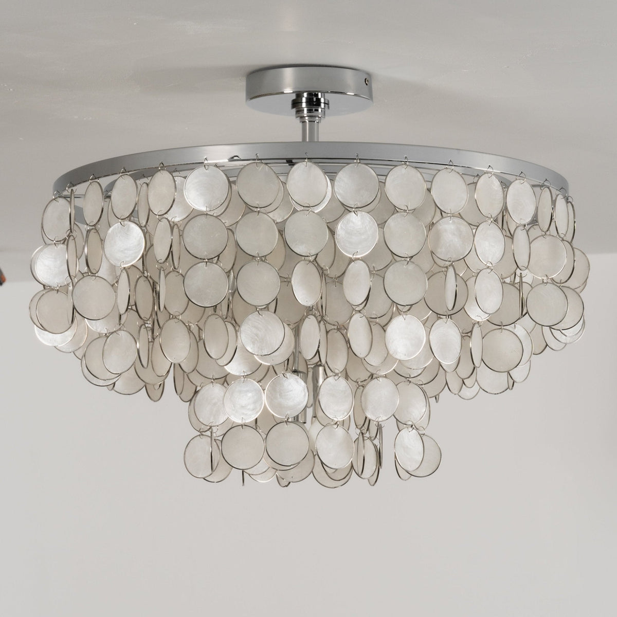 Pearl Shell Semi Flush Mount Ceiling Light, Layered Natural Shell Discs, Chrome Finish, 23.6"