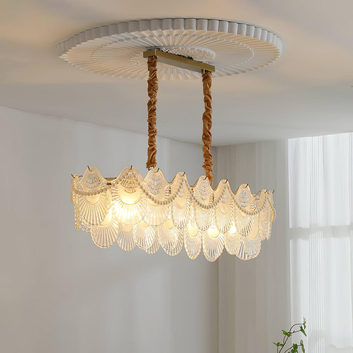 Pearl Glass Shell Chandelier – Modern Copper & Glass Pendant Light for Dining Room and Living Room