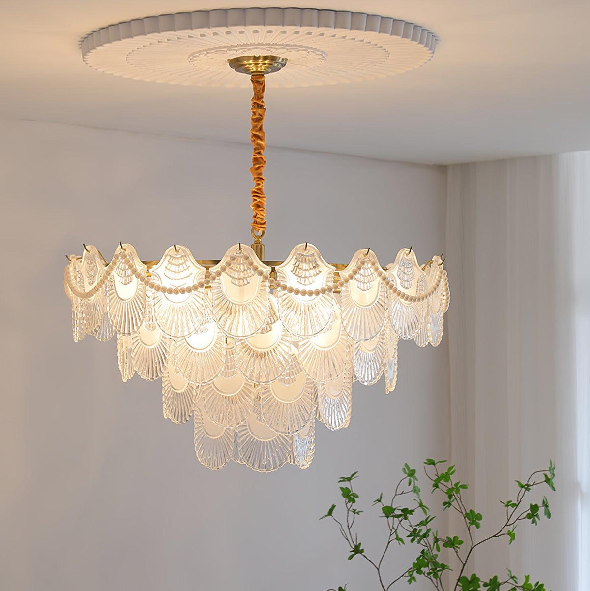 Pearl Glass Shell Chandelier – Modern Copper & Glass Pendant Light for Dining Room and Living Room