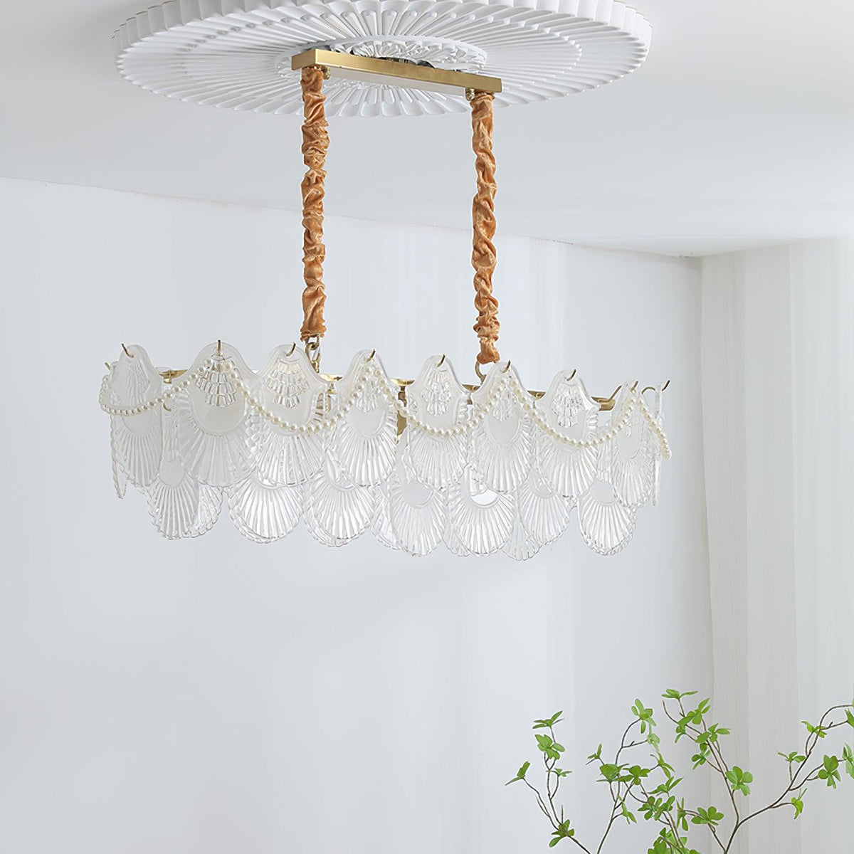 Pearl Glass Shell Chandelier – Modern Copper & Glass Pendant Light for Dining Room and Living Room