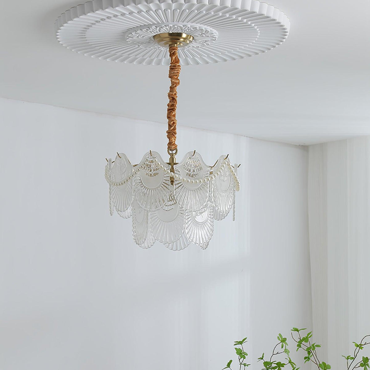 Pearl Glass Shell Chandelier – Modern Copper & Glass Pendant Light for Dining Room and Living Room