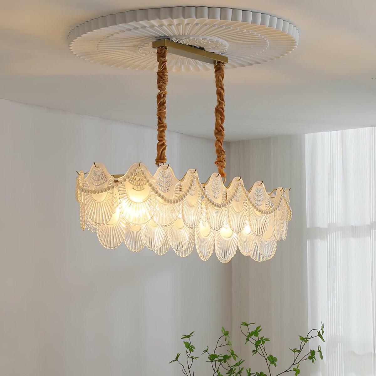 Pearl Glass Shell Chandelier – Modern Copper & Glass Pendant Light for Dining Room and Living Room