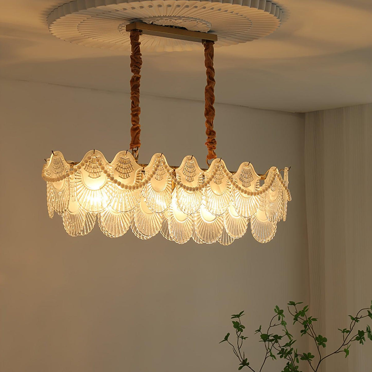 Pearl Glass Shell Chandelier – Modern Copper & Glass Pendant Light for Dining Room and Living Room