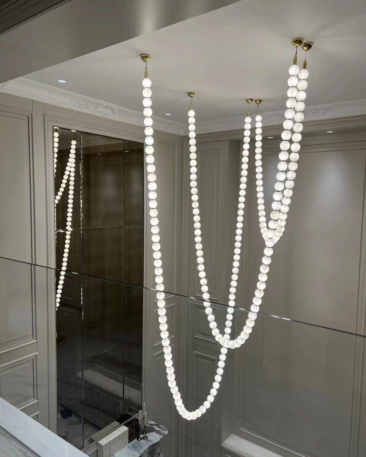 Pearl Necklace Acrylic Ball Chandelier, Modern Gold LED Pendant Light