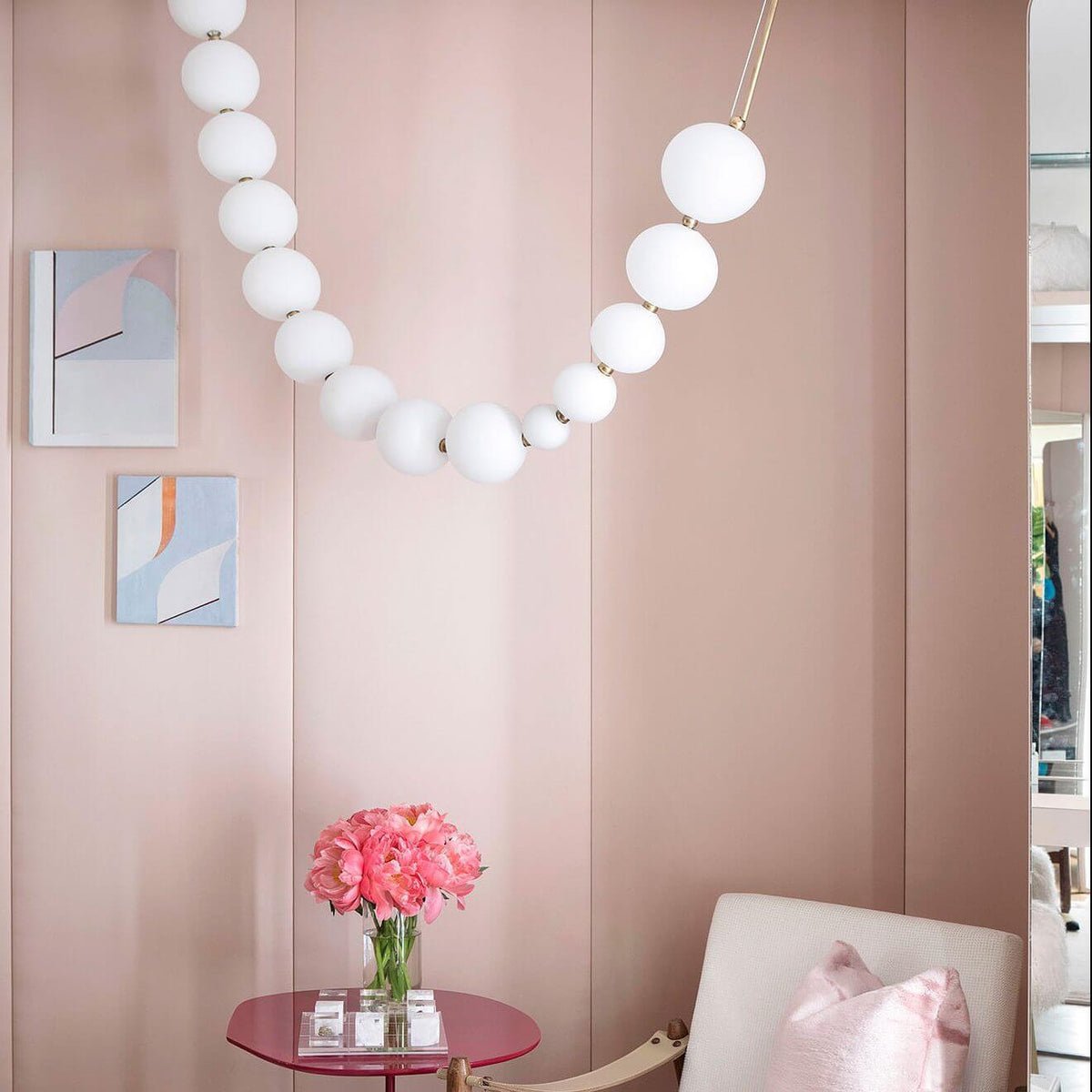 Pearl Necklace Acrylic Ball Chandelier, Modern Gold LED Pendant Light