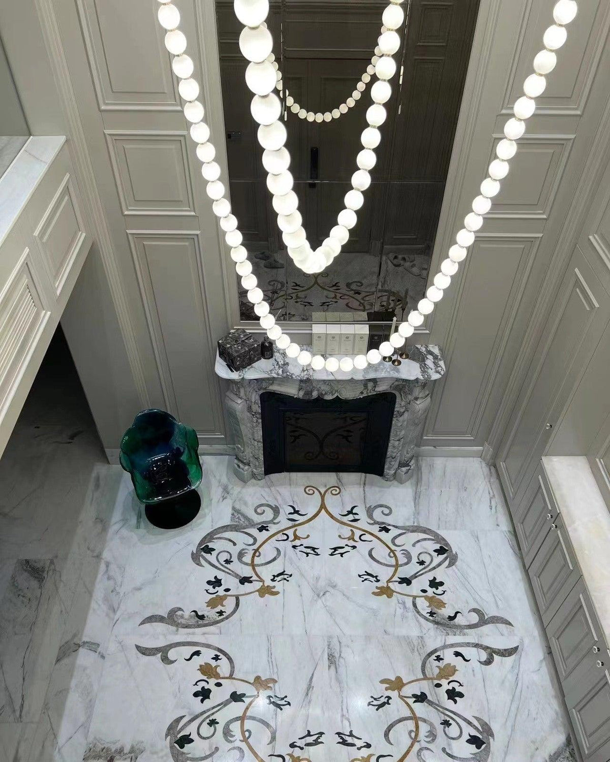 Pearl Necklace Acrylic Ball Chandelier, Modern Gold LED Pendant Light