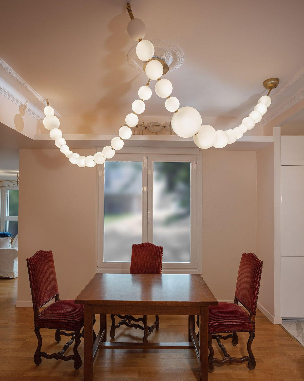 Pearl Necklace Acrylic Ball Chandelier, Modern Gold LED Pendant Light