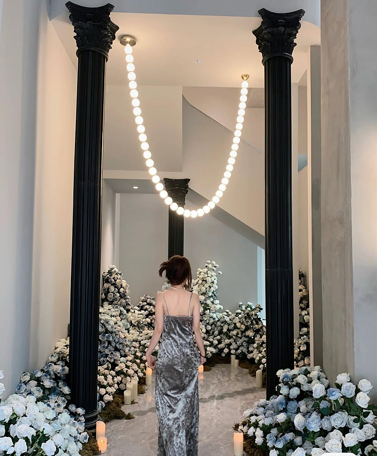 Pearl Necklace Acrylic Ball Chandelier, Modern Gold LED Pendant Light