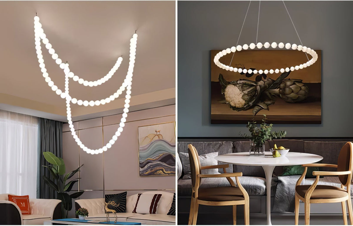 Pearl Necklace Acrylic Ball Chandelier, Modern Gold LED Pendant Light
