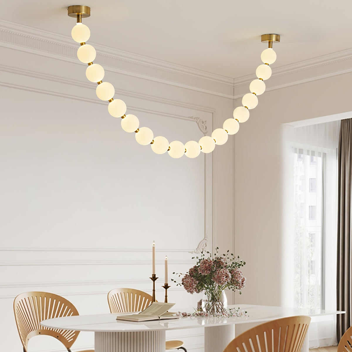 Pearl Necklace Acrylic Ball Chandelier, Modern Gold LED Pendant Light