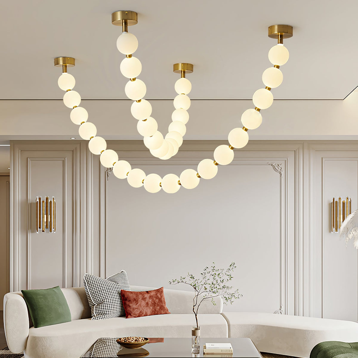 Pearl Necklace Acrylic Ball Chandelier, Modern Gold LED Pendant Light