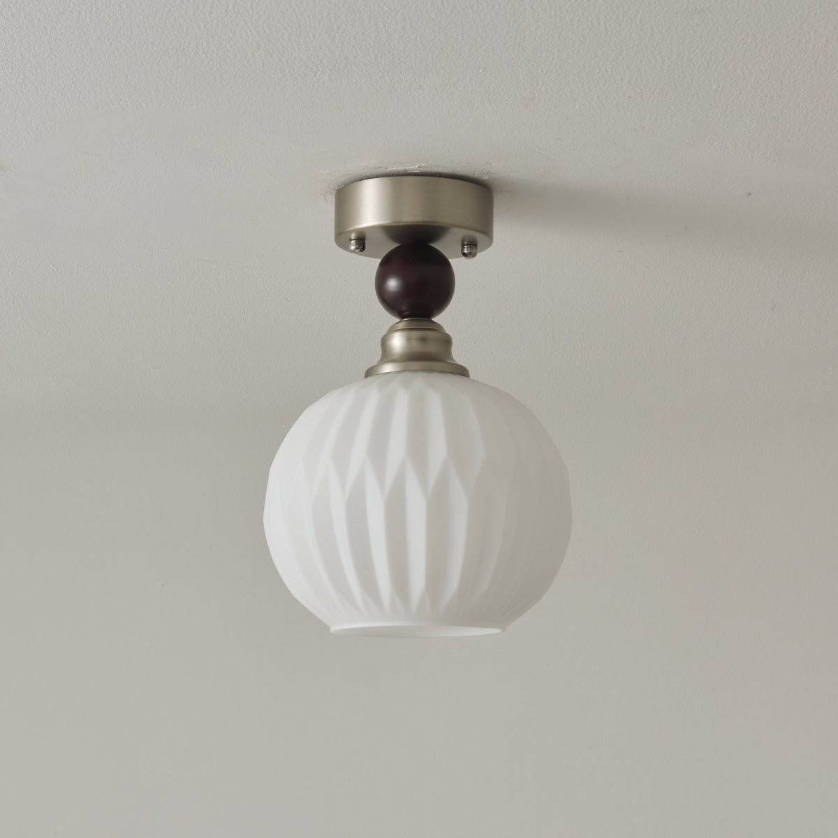 Pearl Sphere Flush Mount Ceiling Light in Frosted Glass and Walnut