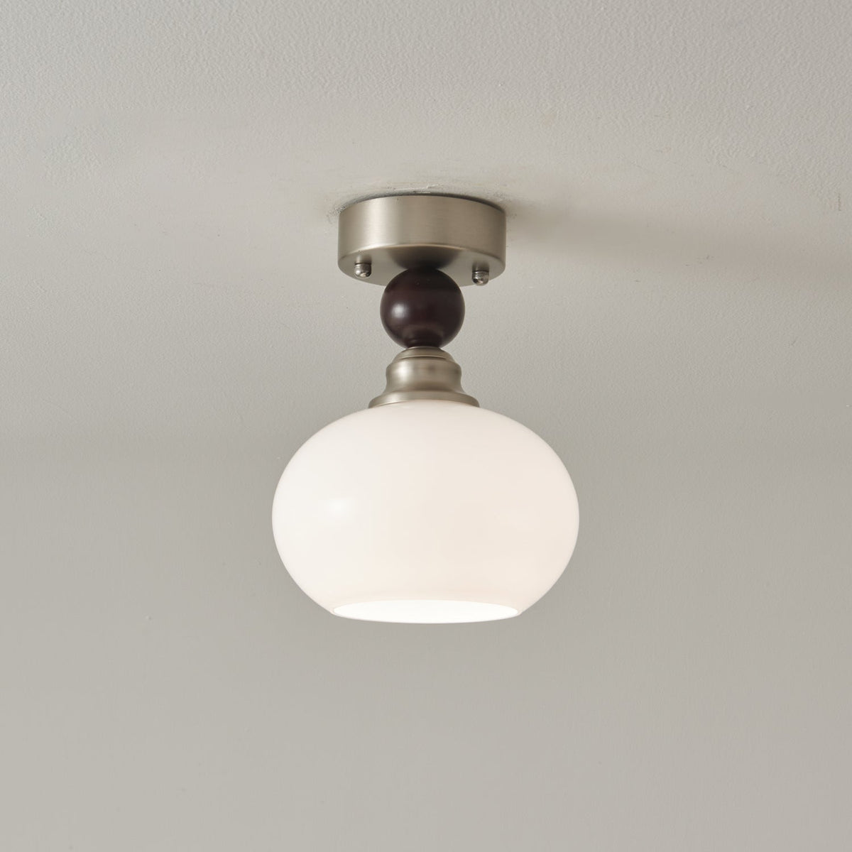 Pearl Sphere Flush Mount Ceiling Light in Frosted Glass and Walnut