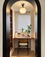 Pearl Sphere Flush Mount Ceiling Light in Frosted Glass and Walnut
