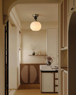 Pearl Sphere Flush Mount Ceiling Light in Frosted Glass and Walnut