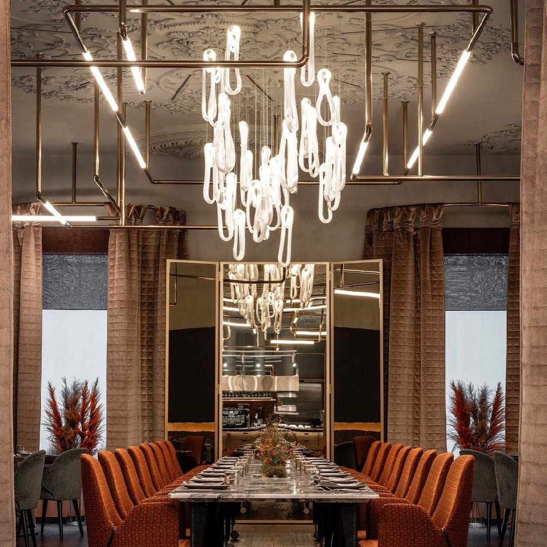 Pearlescent Glass Filament Chandelier – Modern Designer Pendant Light