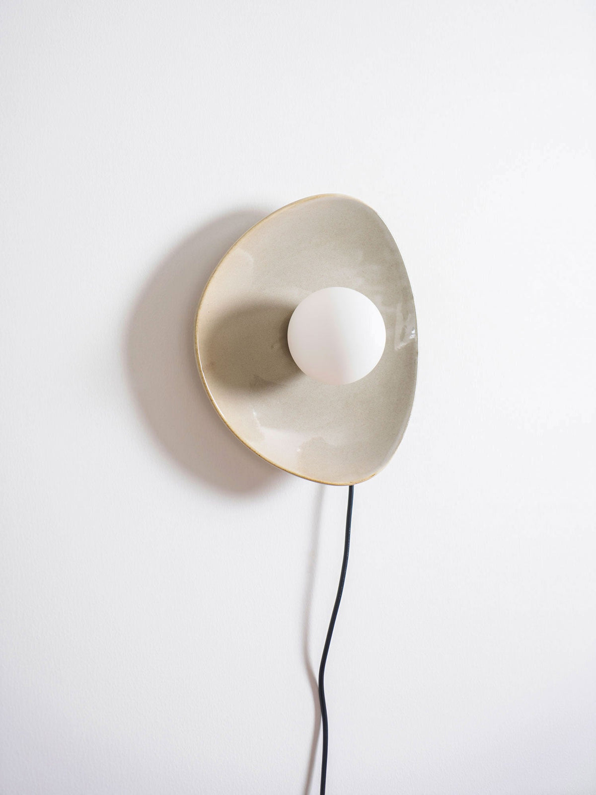 Pebble Disc Ceramic Plug-In Wall Sconce, Taupe & White, Modern Minimalist
