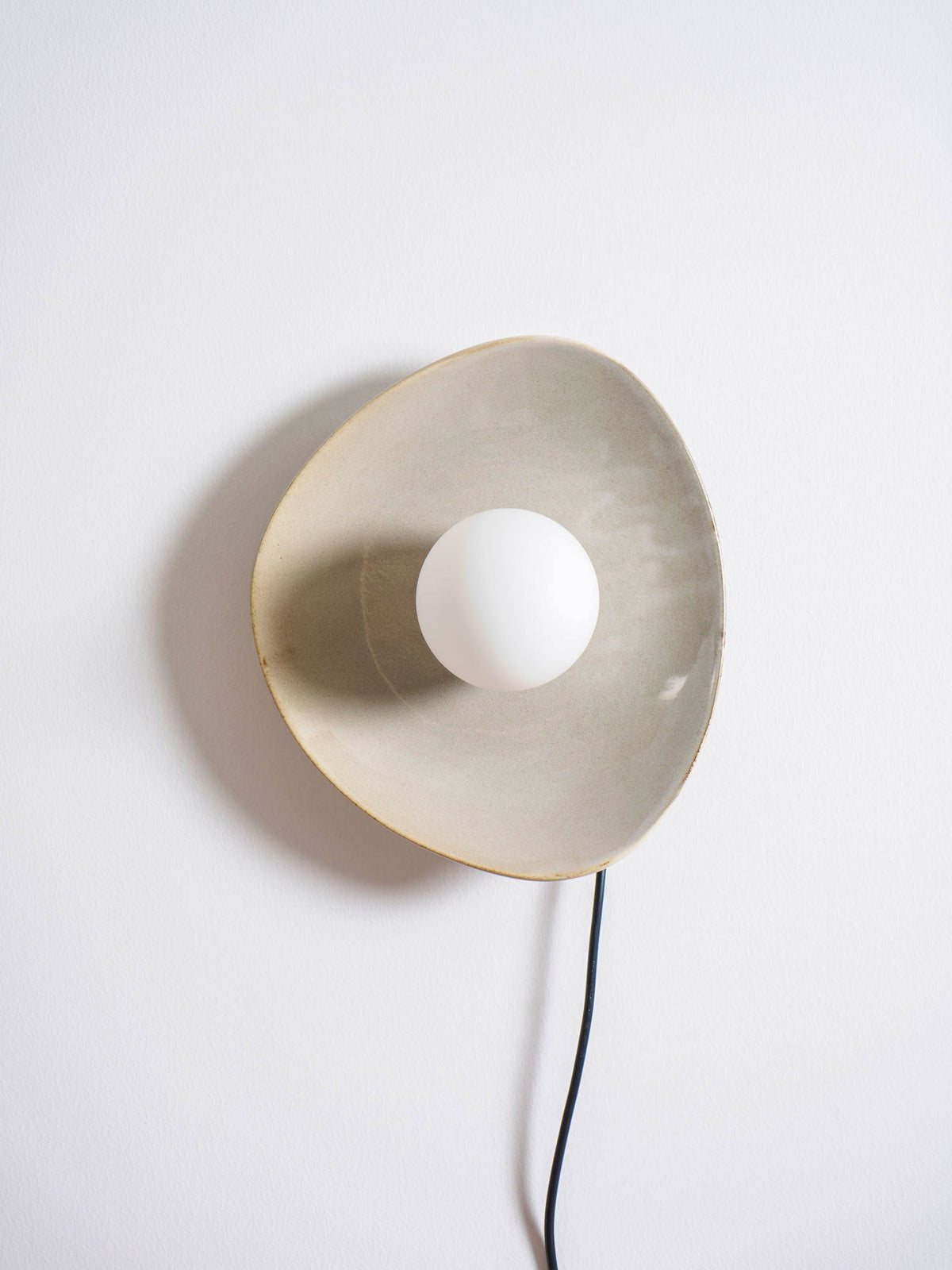 Pebble Disc Ceramic Plug-In Wall Sconce, Taupe & White, Modern Minimalist
