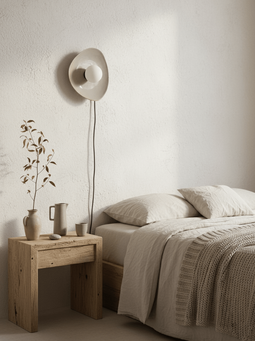 Pebble Disc Ceramic Plug-In Wall Sconce, Taupe & White, Modern Minimalist