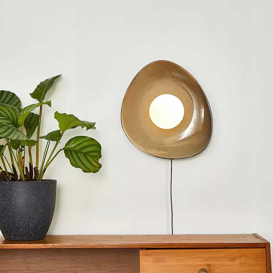 Pebble Disc Ceramic Plug-In Wall Sconce, Taupe & White, Modern Minimalist