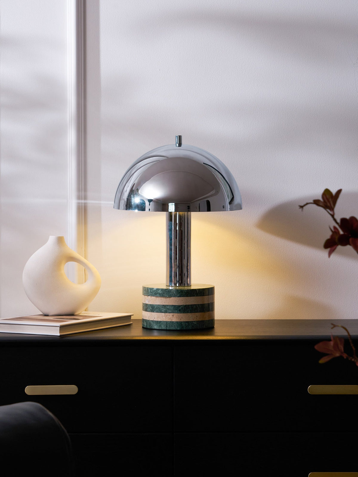 Luno Chrome Table Lamp with Green Marble Base – Modern Designer Desk Light