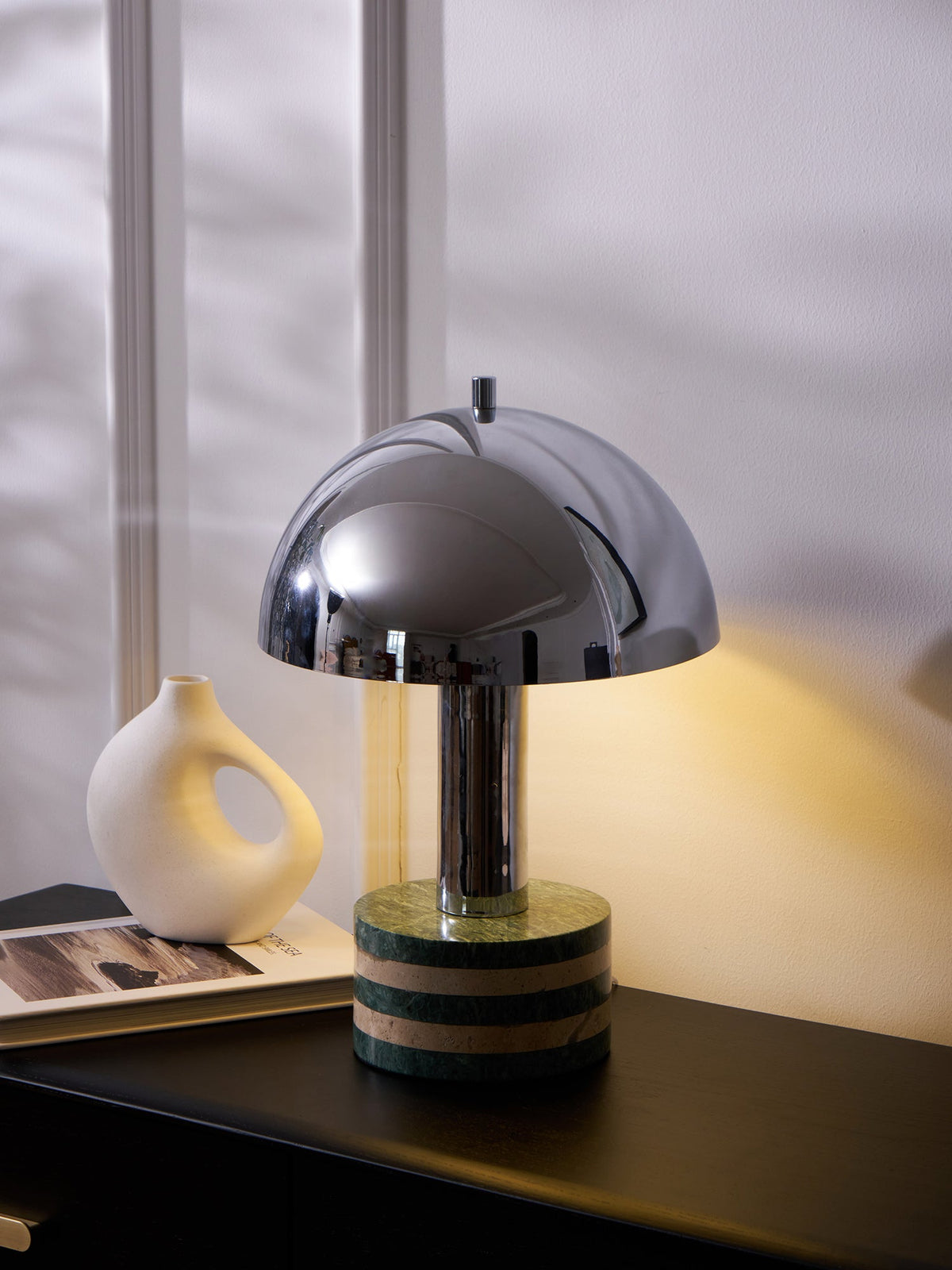 Luno Chrome Table Lamp with Green Marble Base – Modern Designer Desk Light