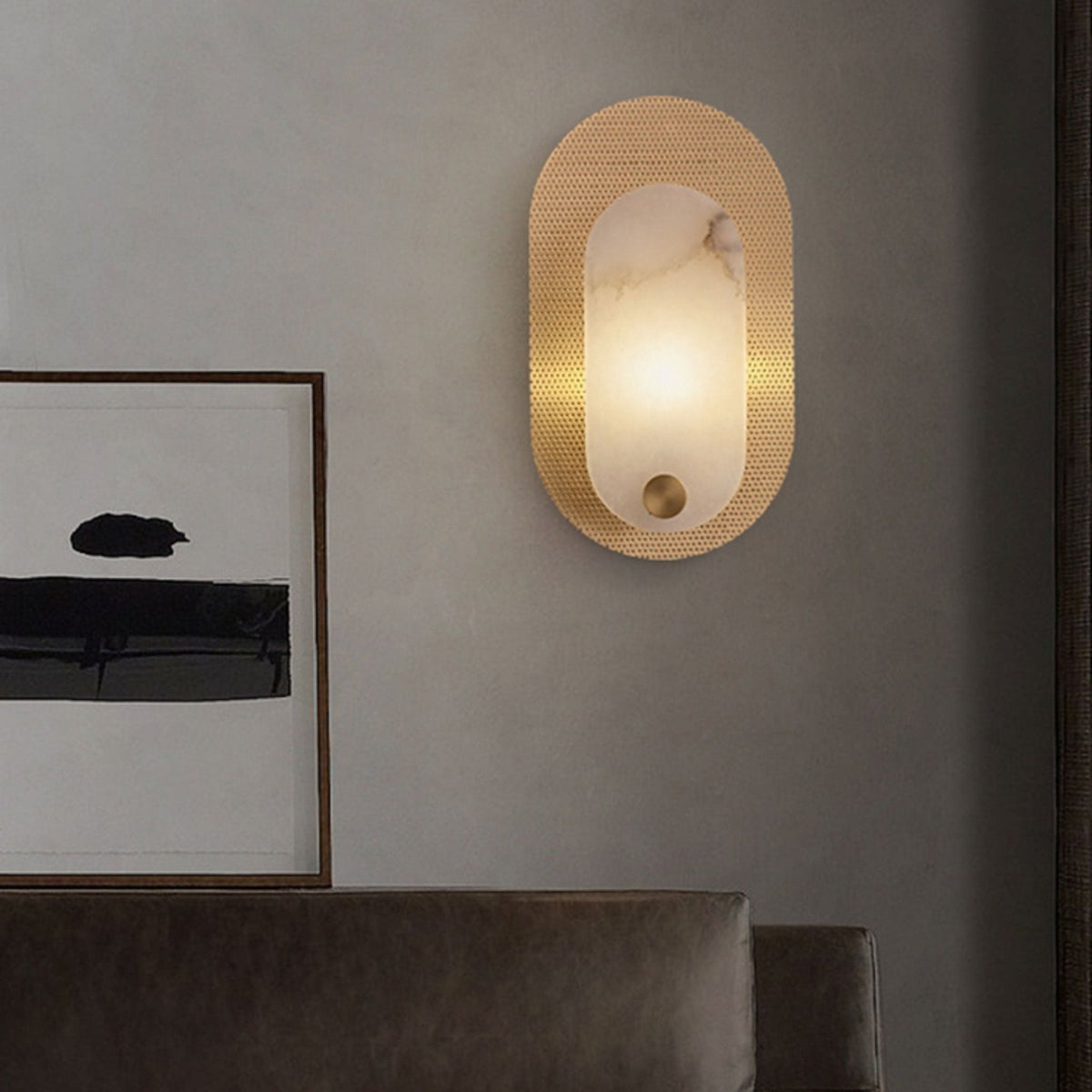 Perforated Oval Wall Sconce in Alabaster and Gold