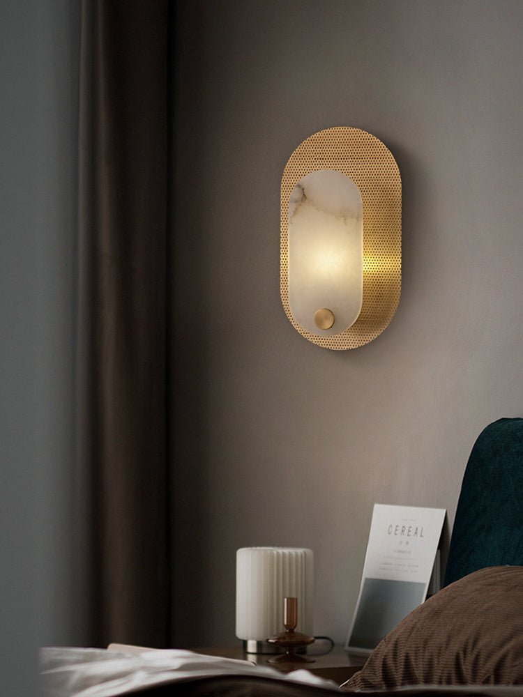 Perforated Oval Wall Sconce in Alabaster and Gold