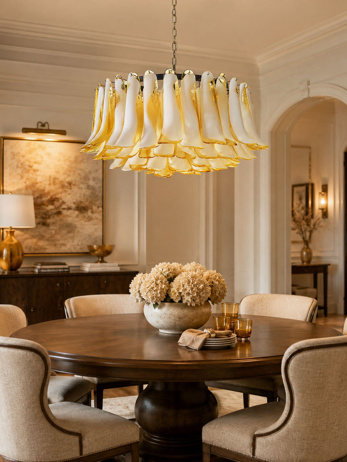 Amber Glass Petal Chandelier for Dining Room and Living Room