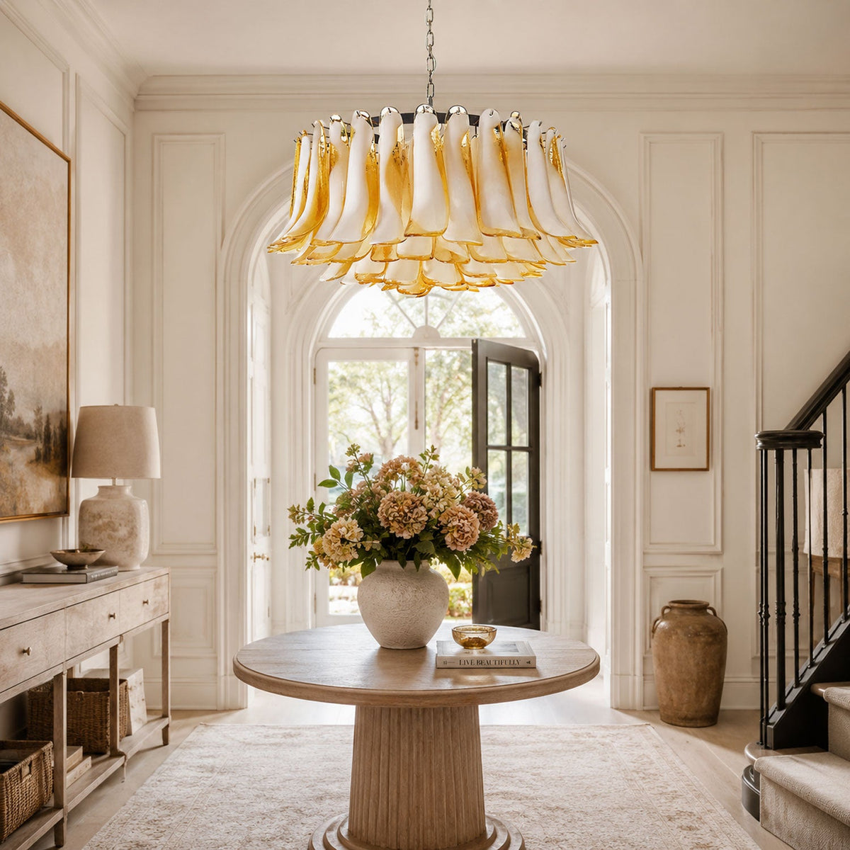 Amber Glass Petal Chandelier for Dining Room and Living Room