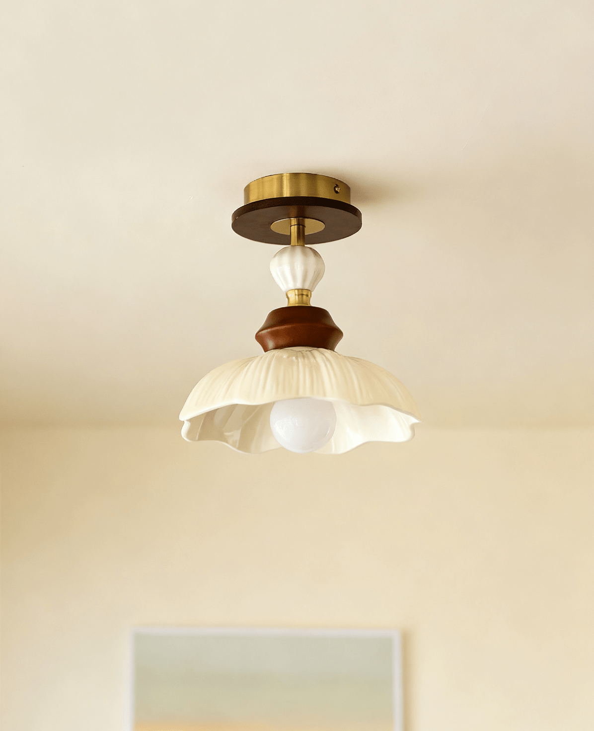 Petal Bloom Flush Mount Ceiling Light in Cream, Walnut & Gold
