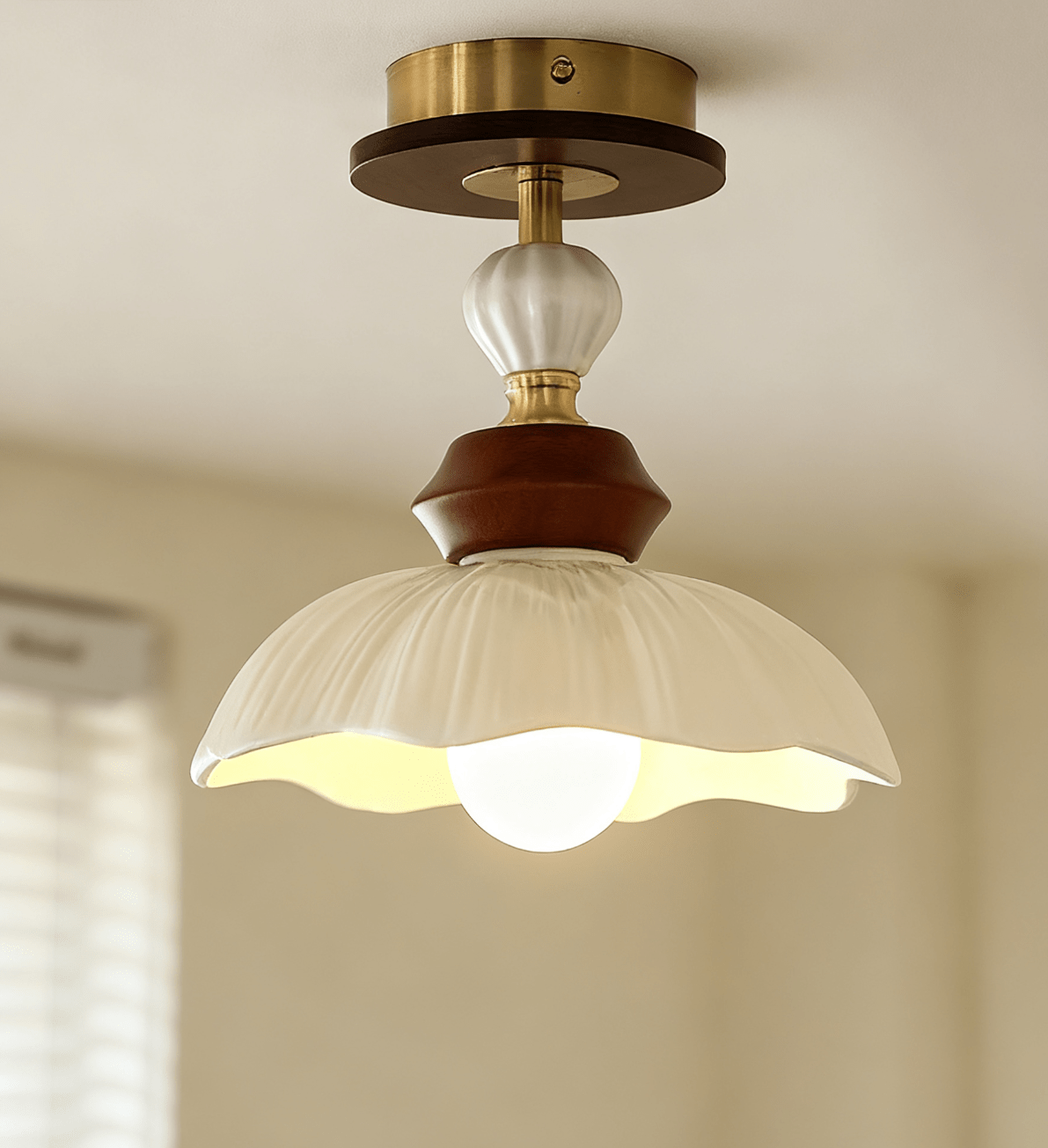 Petal Bloom Flush Mount Ceiling Light in Cream, Walnut & Gold