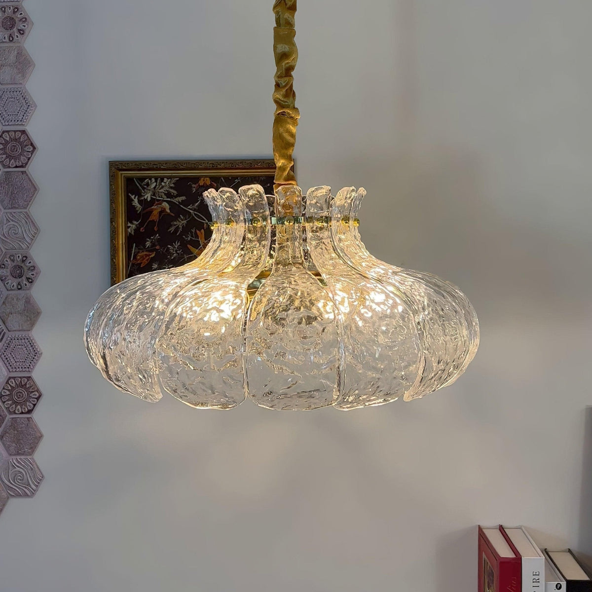 Petal Ice Glass Pendant Light – Brass Accents, Modern Elegance