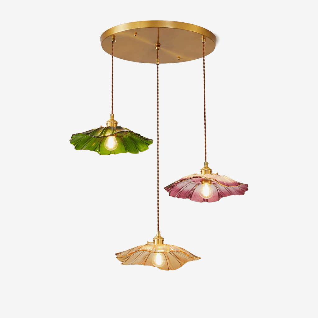 Petaline Trio Pendant Light – Three Glass Shades in Pink, Amber & Green