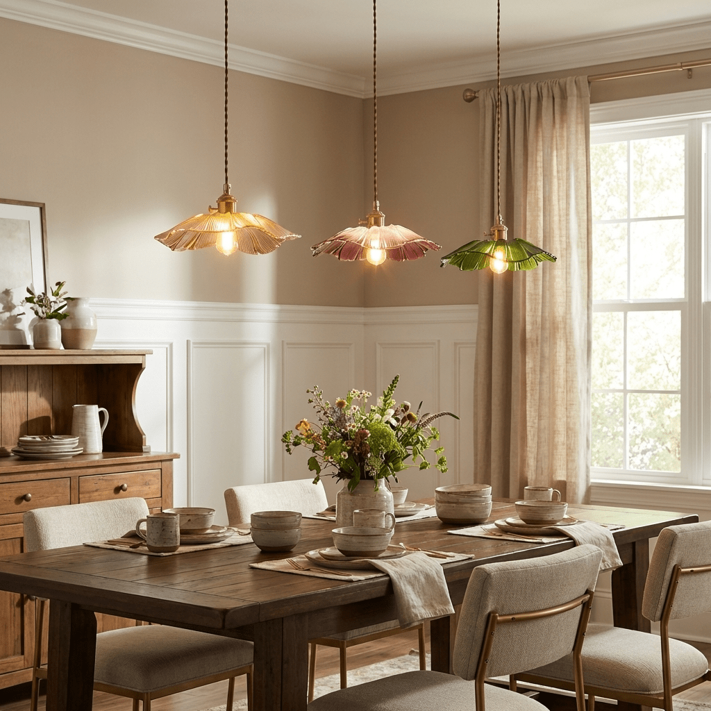 Petaline Trio Pendant Light – Three Glass Shades in Pink, Amber & Green