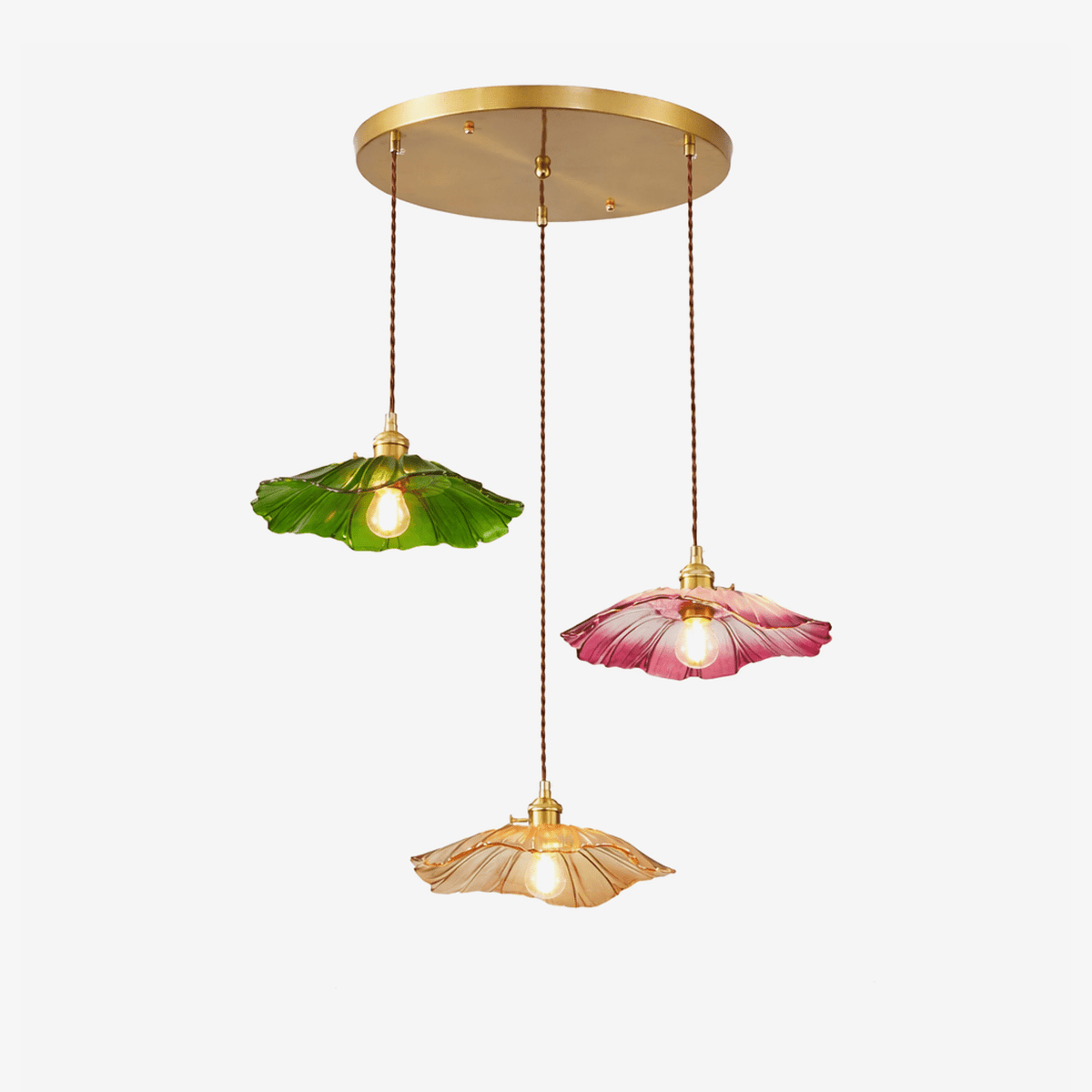 Petaline Trio Pendant Light – Three Glass Shades in Pink, Amber & Green