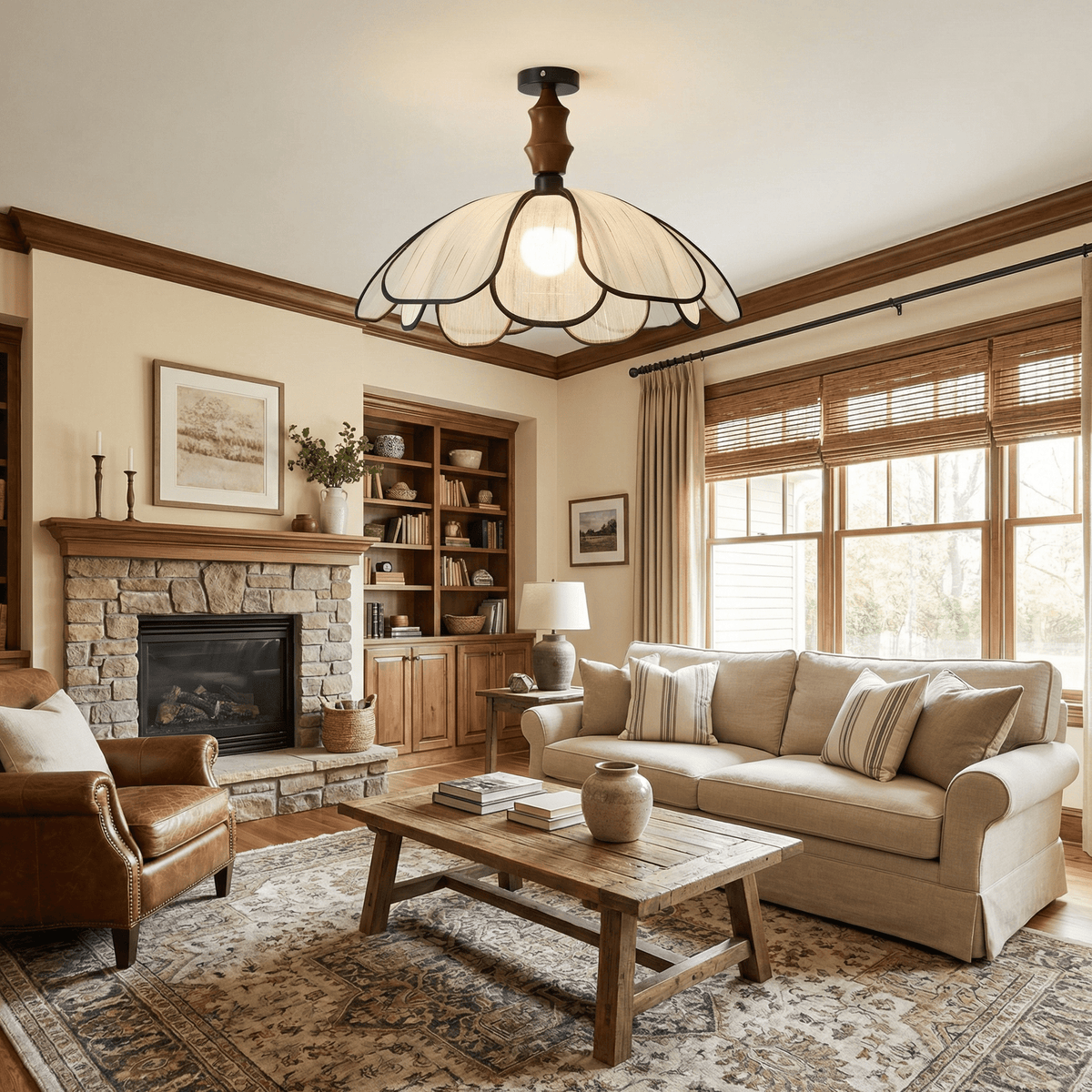 Petaline Whisper Flush Mount Ceiling Light in Walnut and Fabric