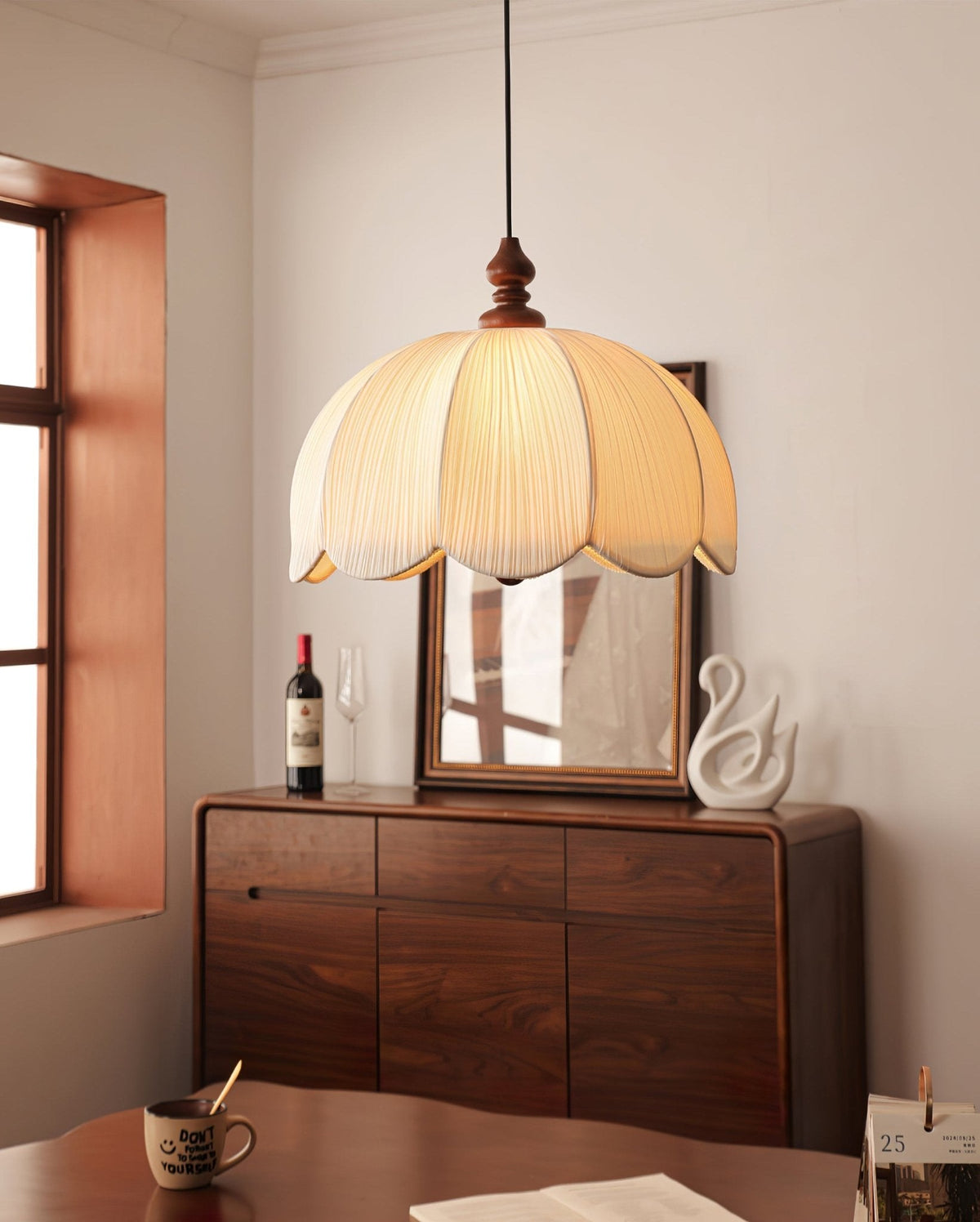 Petalora Fabric Pendant Light with Walnut Accent for Dining and Living Spaces