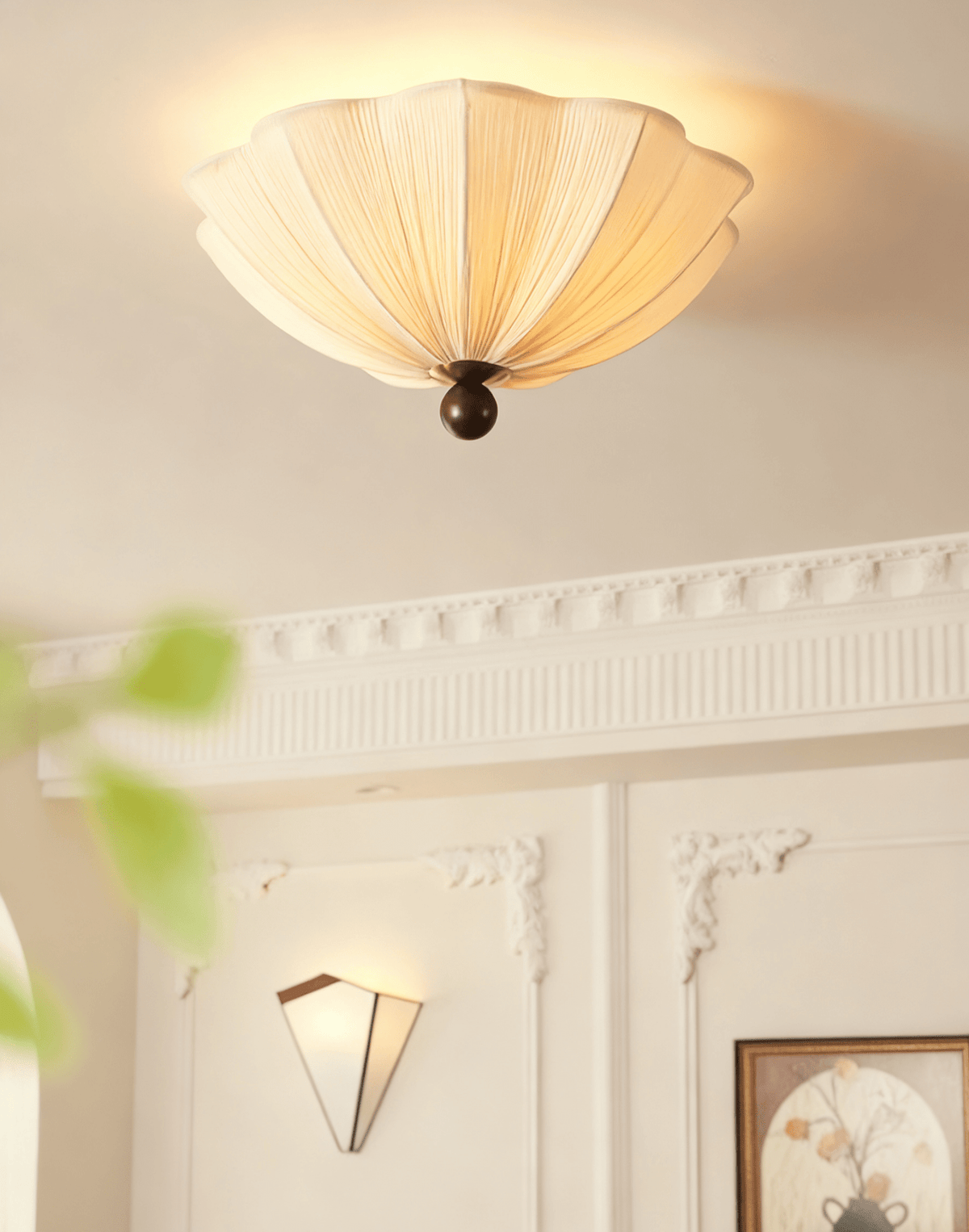 Petals Fabric Ceiling Light – Modern Flush Mount in Walnut & Beige