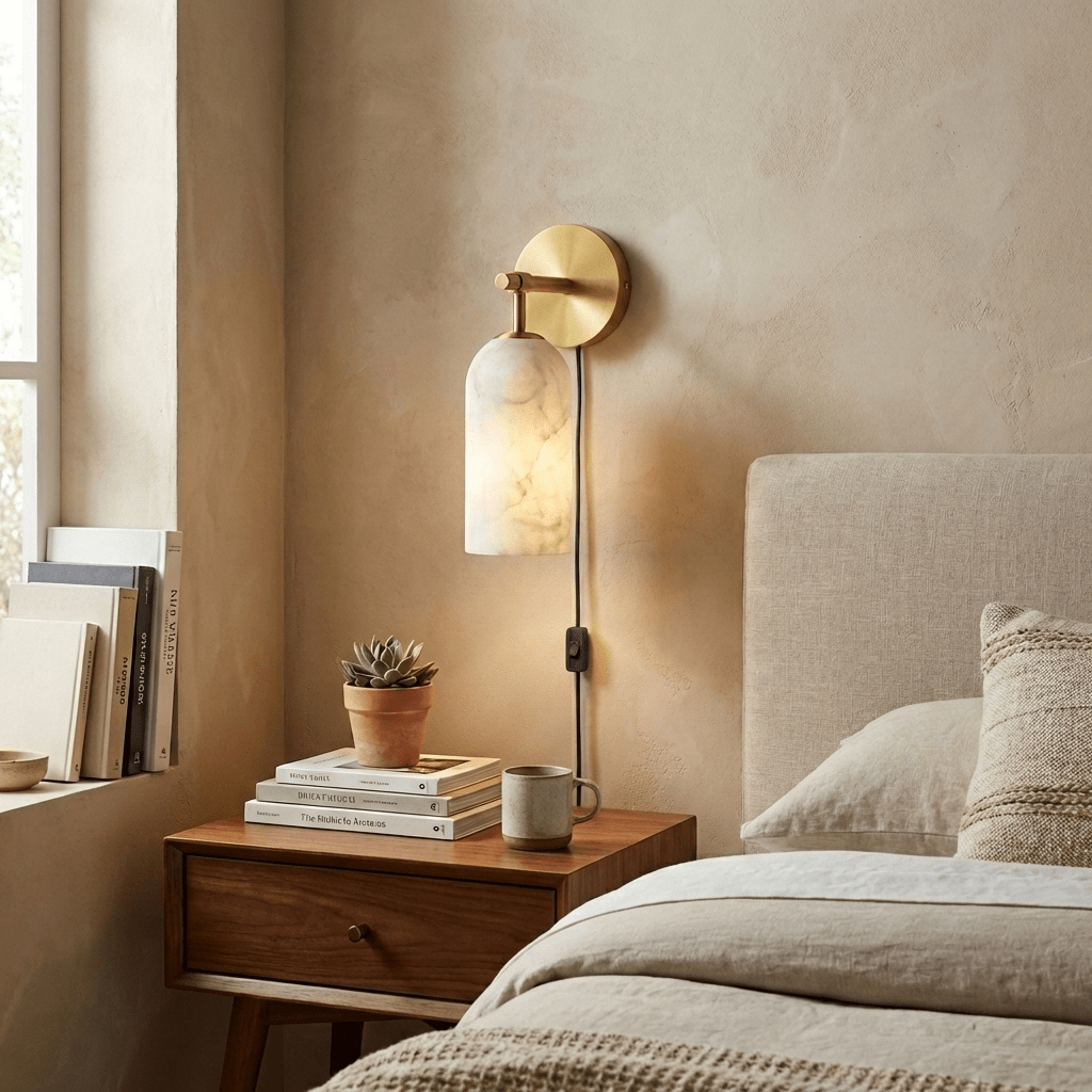 Pillar Alabaster Plug-In Wall Sconce with Bronze or Gold Finish