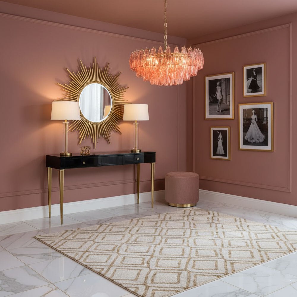 Pink Faceted Glass Drop Chandelier in Polished Gold