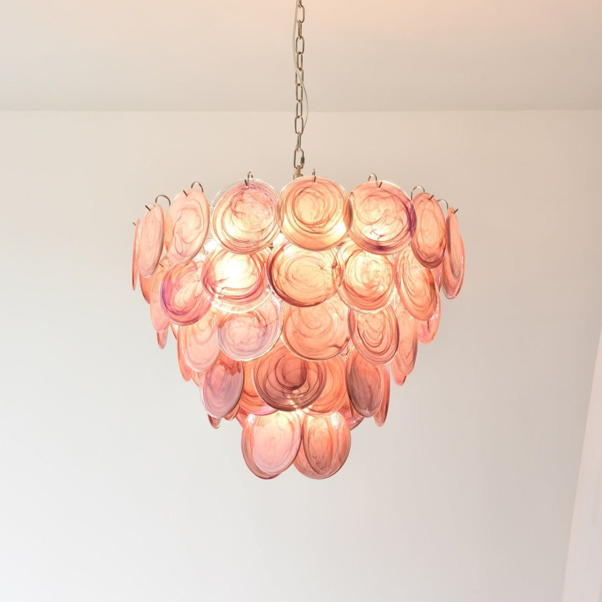 Pink Glass Disc Chandelier | Modern Designer Pendant Light for Dining & Living Rooms