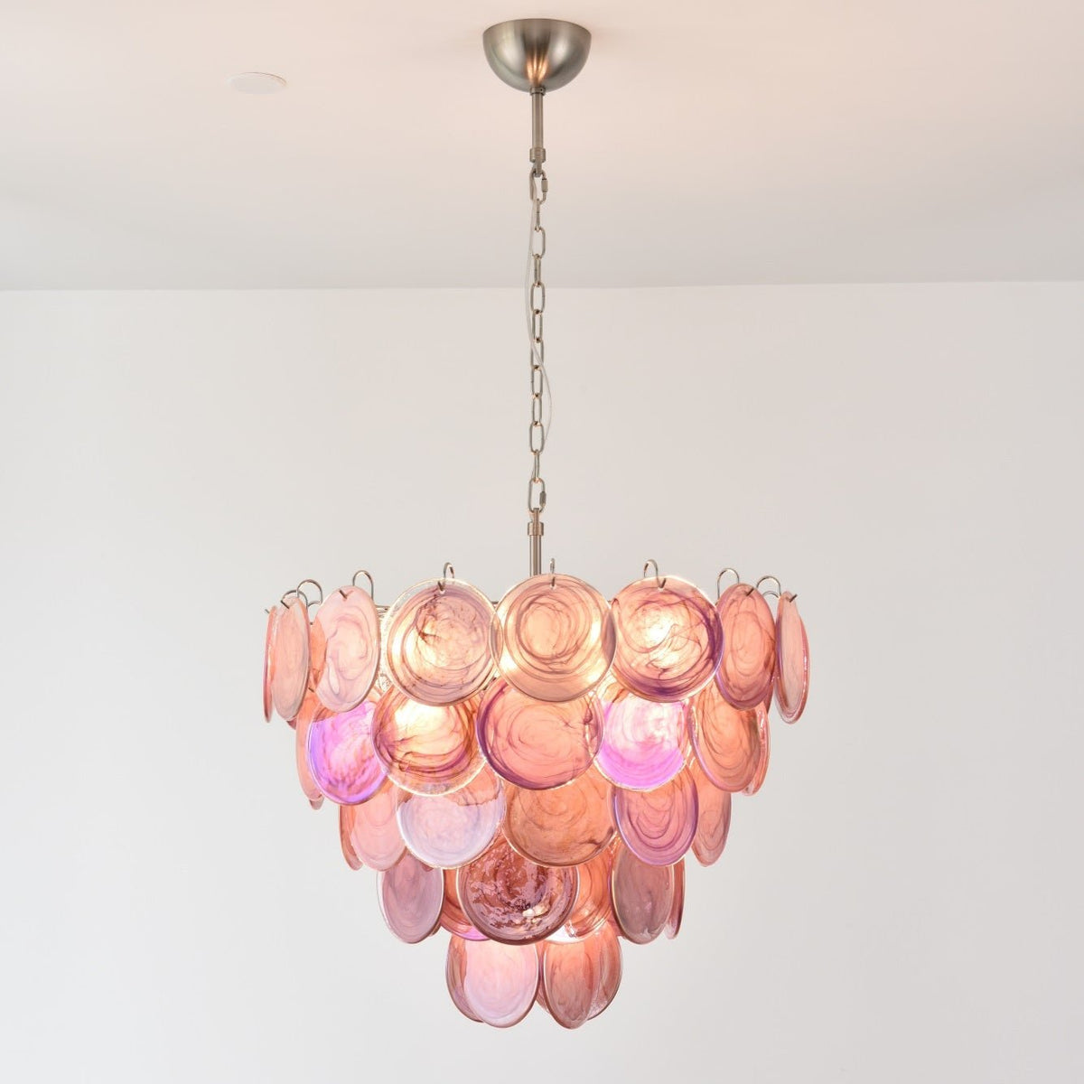 Pink Glass Disc Chandelier | Modern Designer Pendant Light for Dining & Living Rooms